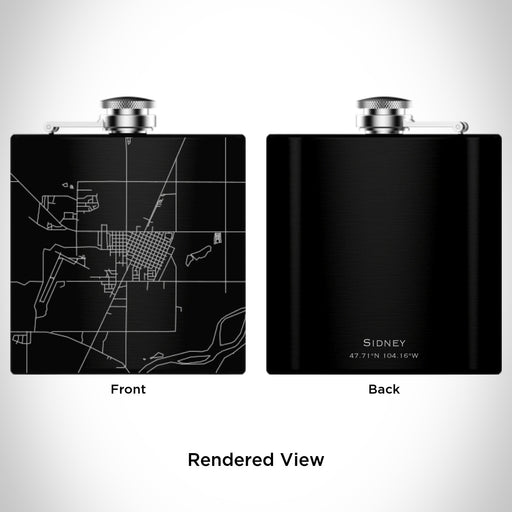 Rendered View of Sidney Montana Map Engraving on 6oz Stainless Steel Flask in Black