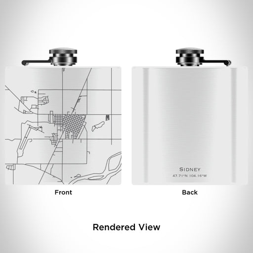 Rendered View of Sidney Montana Map Engraving on 6oz Stainless Steel Flask in White