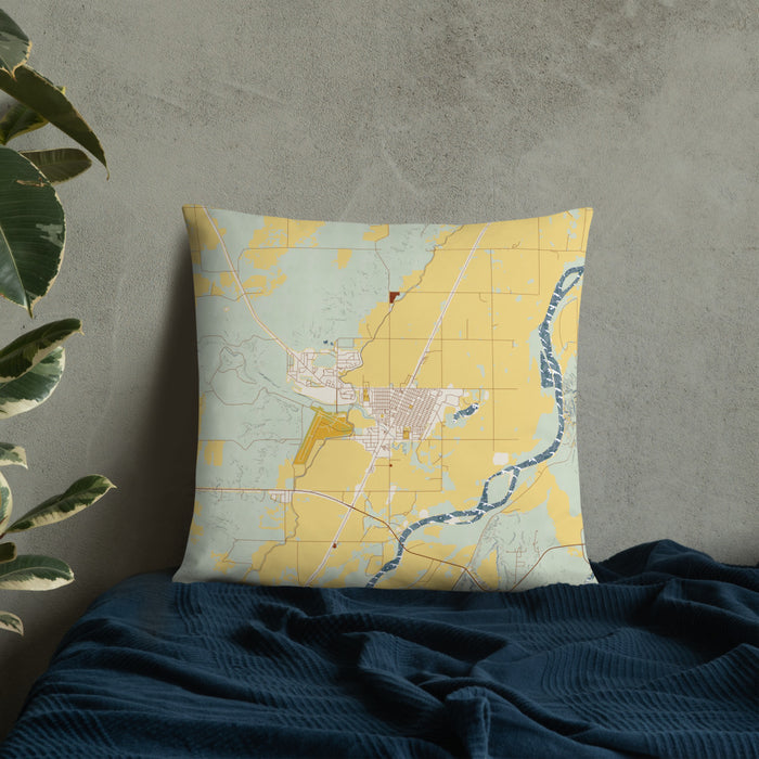 Custom Sidney Montana Map Throw Pillow in Woodblock on Bedding Against Wall