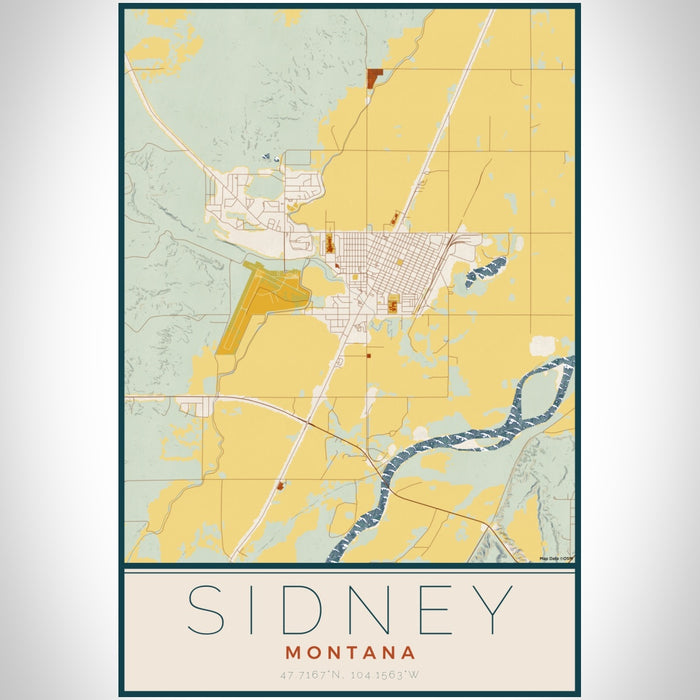 Sidney Montana Map Print Portrait Orientation in Woodblock Style With Shaded Background