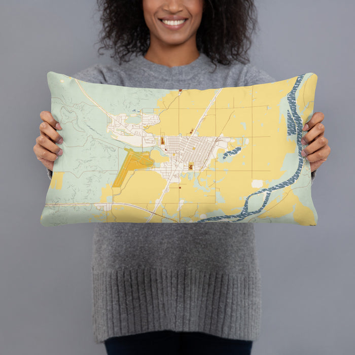Person holding 20x12 Custom Sidney Montana Map Throw Pillow in Woodblock
