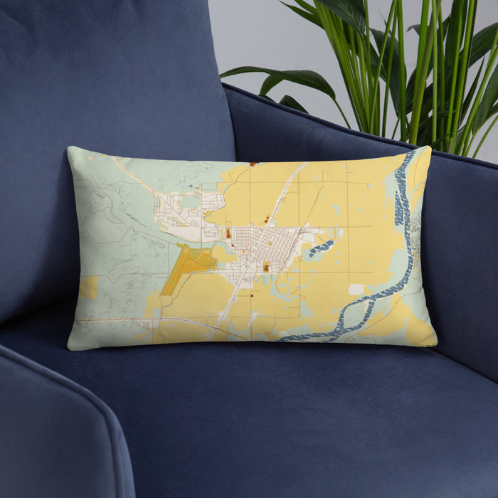 Custom Sidney Montana Map Throw Pillow in Woodblock on Blue Colored Chair