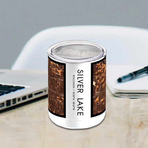 Silver Lake Wisconsin Custom City Map Inscription Coordinates on 10oz Stainless Steel Insulated Cup in Ember with Sliding Lid