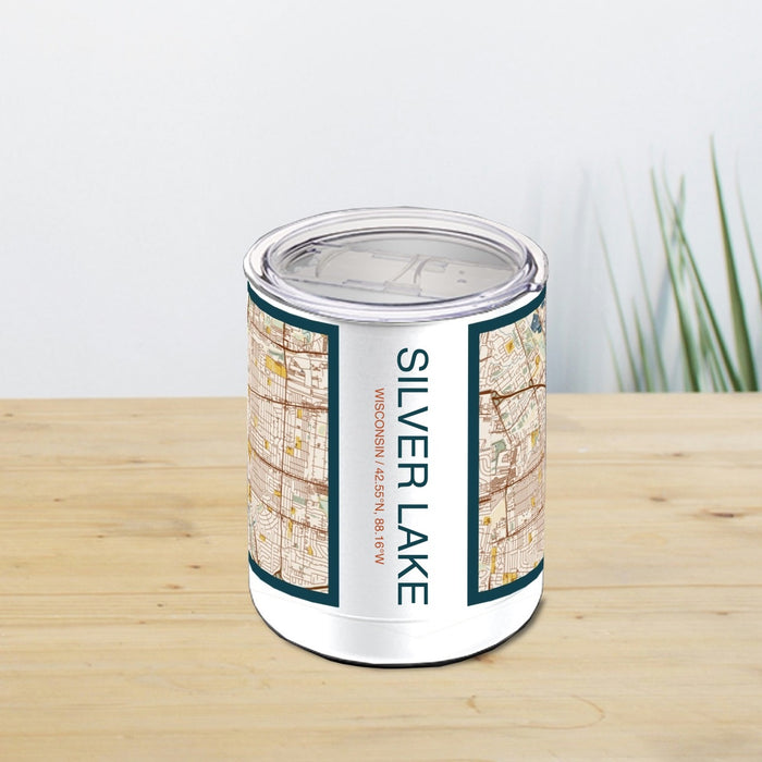 Silver Lake Wisconsin Custom City Map Inscription Coordinates on 10oz Stainless Steel Insulated Cup in Woodblock with Sliding Lid