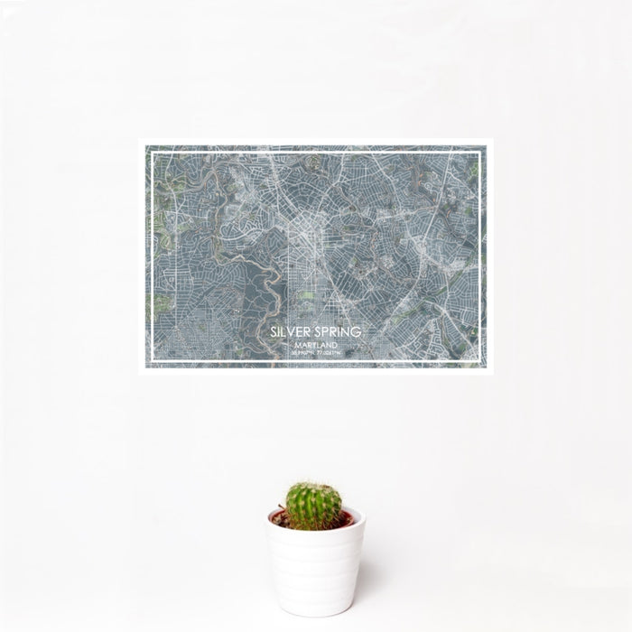 12x18 Silver Spring Maryland Map Print Landscape Orientation in Afternoon Style With Small Cactus Plant in White Planter
