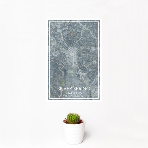 12x18 Silver Spring Maryland Map Print Portrait Orientation in Afternoon Style With Small Cactus Plant in White Planter