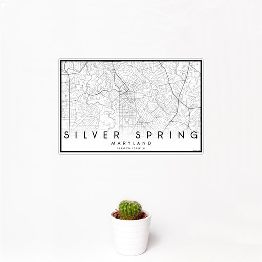 12x18 Silver Spring Maryland Map Print Landscape Orientation in Classic Style With Small Cactus Plant in White Planter