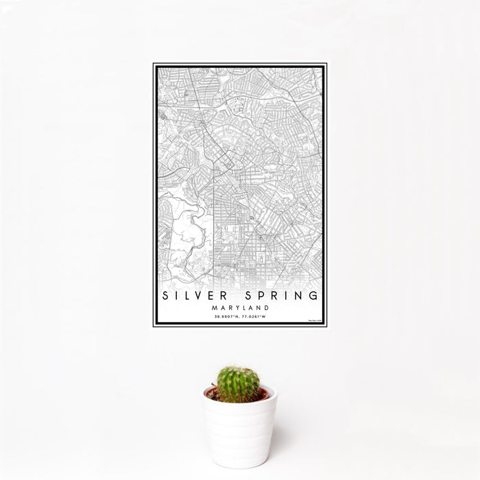 12x18 Silver Spring Maryland Map Print Portrait Orientation in Classic Style With Small Cactus Plant in White Planter