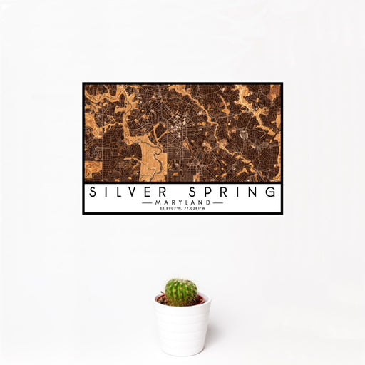 12x18 Silver Spring Maryland Map Print Landscape Orientation in Ember Style With Small Cactus Plant in White Planter