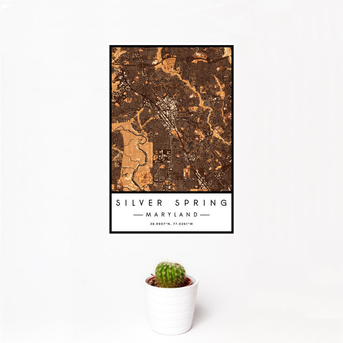 12x18 Silver Spring Maryland Map Print Portrait Orientation in Ember Style With Small Cactus Plant in White Planter