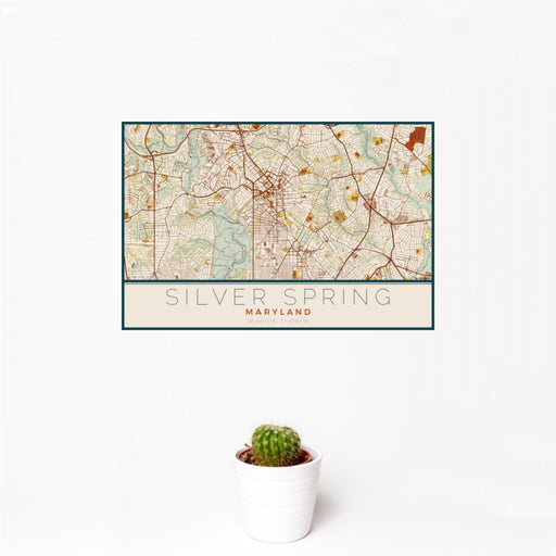12x18 Silver Spring Maryland Map Print Landscape Orientation in Woodblock Style With Small Cactus Plant in White Planter