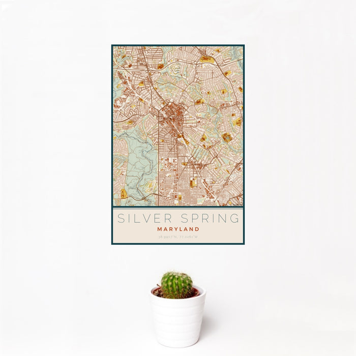 12x18 Silver Spring Maryland Map Print Portrait Orientation in Woodblock Style With Small Cactus Plant in White Planter