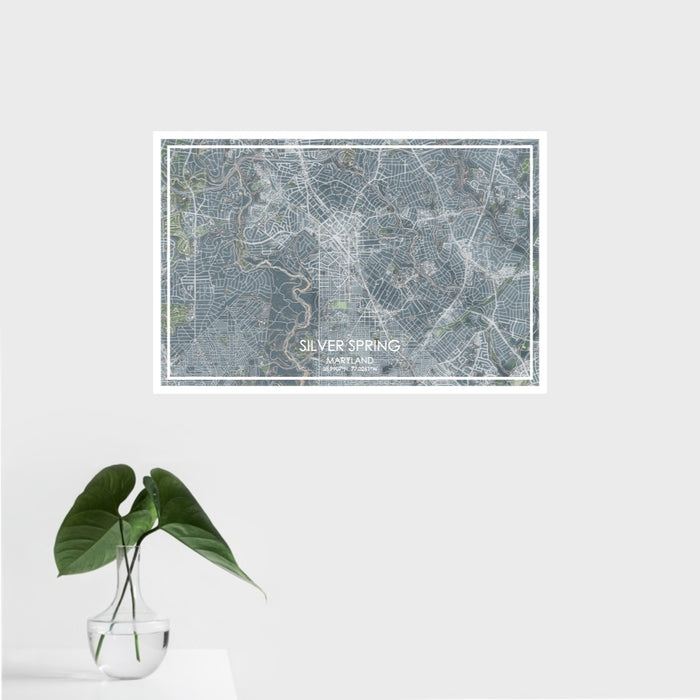 16x24 Silver Spring Maryland Map Print Landscape Orientation in Afternoon Style With Tropical Plant Leaves in Water