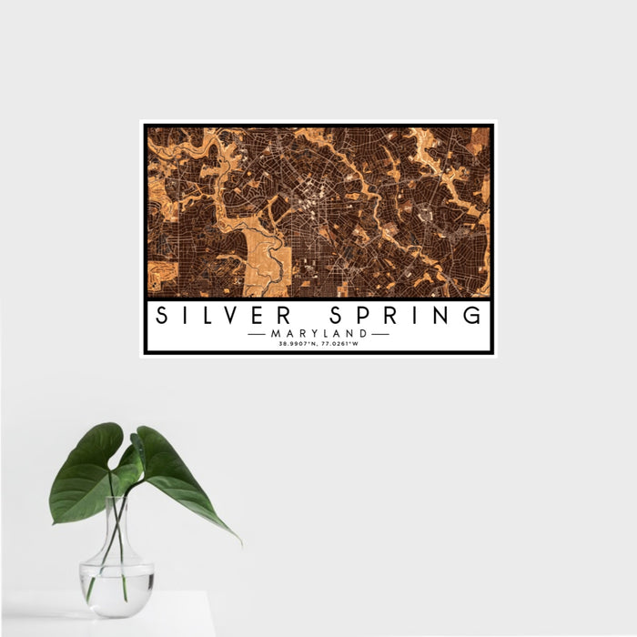 16x24 Silver Spring Maryland Map Print Landscape Orientation in Ember Style With Tropical Plant Leaves in Water