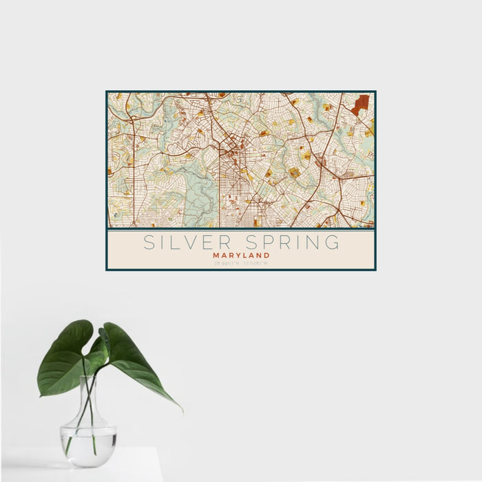 16x24 Silver Spring Maryland Map Print Landscape Orientation in Woodblock Style With Tropical Plant Leaves in Water