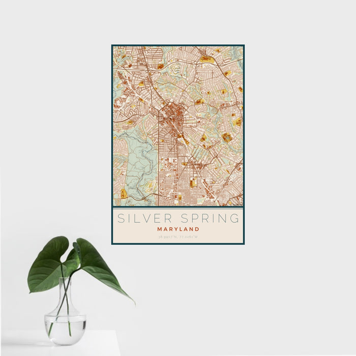 16x24 Silver Spring Maryland Map Print Portrait Orientation in Woodblock Style With Tropical Plant Leaves in Water