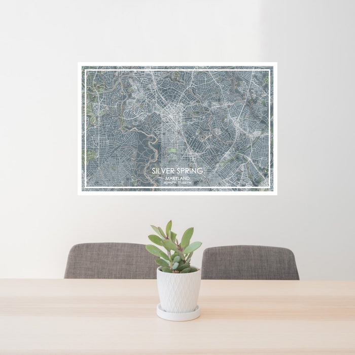 24x36 Silver Spring Maryland Map Print Lanscape Orientation in Afternoon Style Behind 2 Chairs Table and Potted Plant