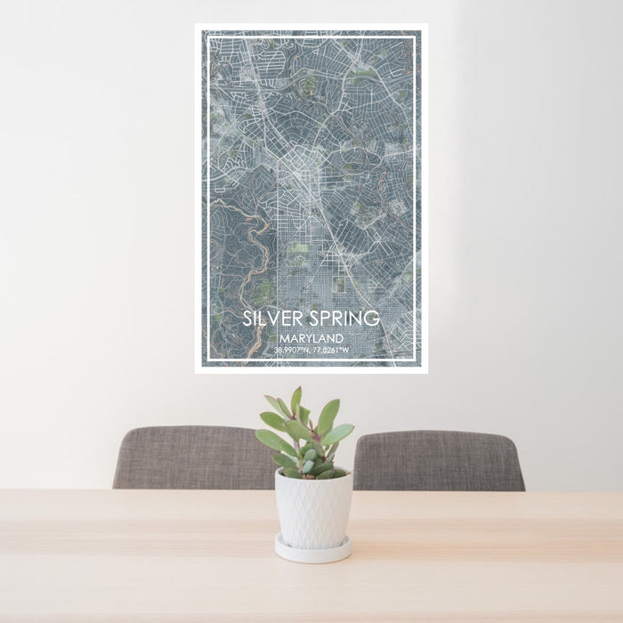 24x36 Silver Spring Maryland Map Print Portrait Orientation in Afternoon Style Behind 2 Chairs Table and Potted Plant