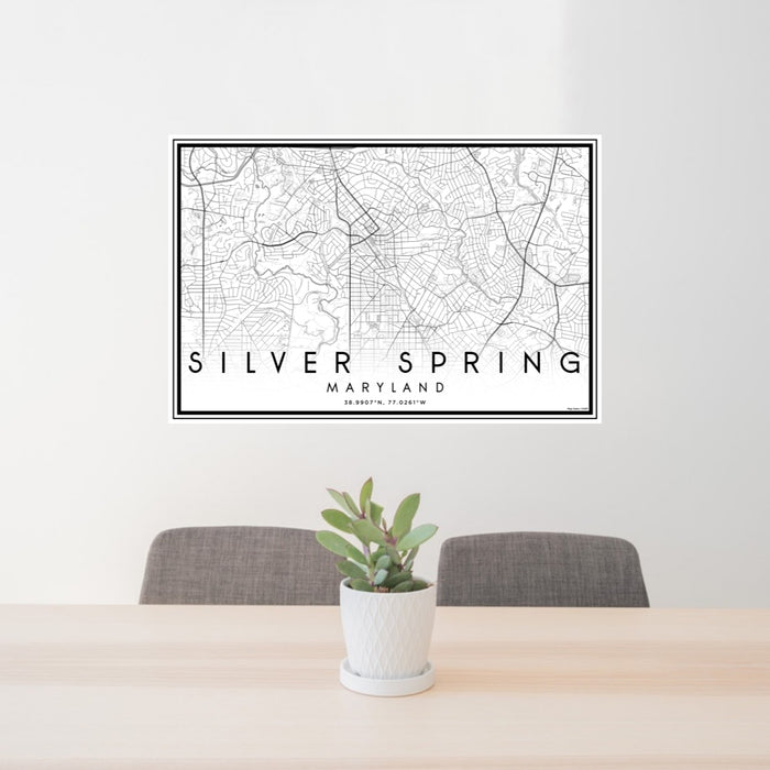 24x36 Silver Spring Maryland Map Print Lanscape Orientation in Classic Style Behind 2 Chairs Table and Potted Plant