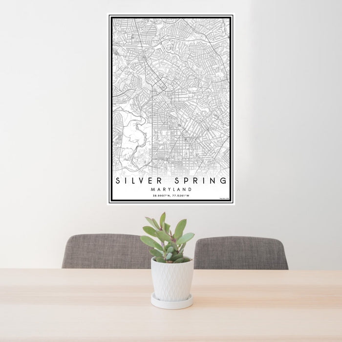24x36 Silver Spring Maryland Map Print Portrait Orientation in Classic Style Behind 2 Chairs Table and Potted Plant
