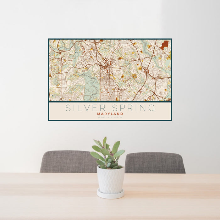 24x36 Silver Spring Maryland Map Print Lanscape Orientation in Woodblock Style Behind 2 Chairs Table and Potted Plant