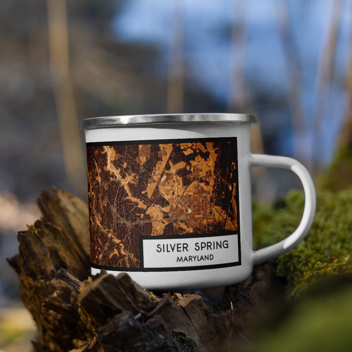 Right View Custom Silver Spring Maryland Map Enamel Mug in Ember on Grass With Trees in Background
