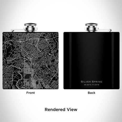 Rendered View of Silver Spring Maryland Map Engraving on 6oz Stainless Steel Flask in Black