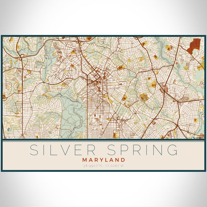 Silver Spring Maryland Map Print Landscape Orientation in Woodblock Style With Shaded Background