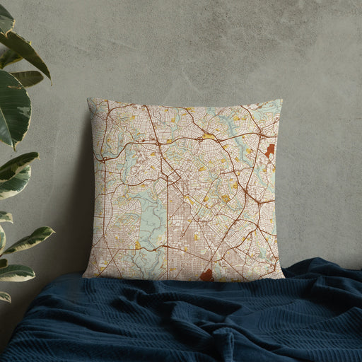 Custom Silver Spring Maryland Map Throw Pillow in Woodblock on Bedding Against Wall