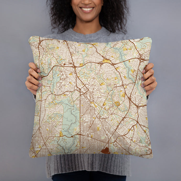 Person holding 18x18 Custom Silver Spring Maryland Map Throw Pillow in Woodblock