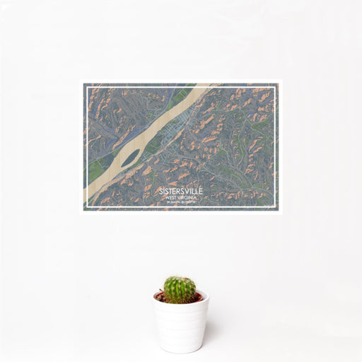 12x18 Sistersville West Virginia Map Print Landscape Orientation in Afternoon Style With Small Cactus Plant in White Planter