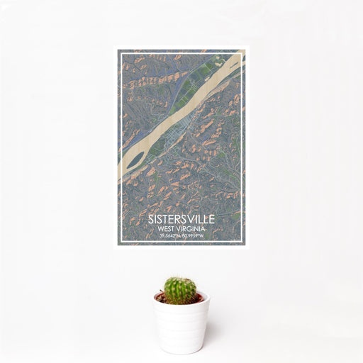 12x18 Sistersville West Virginia Map Print Portrait Orientation in Afternoon Style With Small Cactus Plant in White Planter