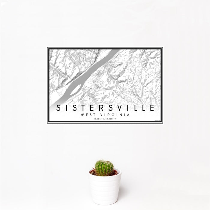 12x18 Sistersville West Virginia Map Print Landscape Orientation in Classic Style With Small Cactus Plant in White Planter