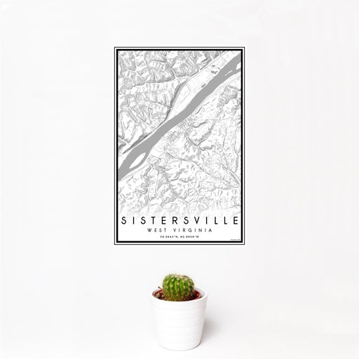 12x18 Sistersville West Virginia Map Print Portrait Orientation in Classic Style With Small Cactus Plant in White Planter