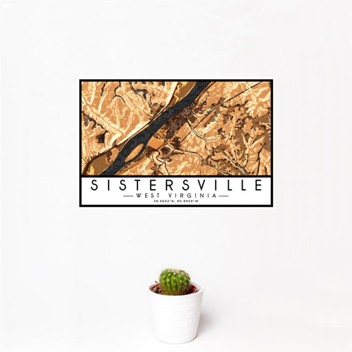12x18 Sistersville West Virginia Map Print Landscape Orientation in Ember Style With Small Cactus Plant in White Planter
