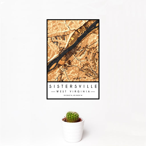 12x18 Sistersville West Virginia Map Print Portrait Orientation in Ember Style With Small Cactus Plant in White Planter