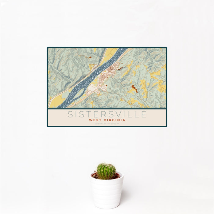 12x18 Sistersville West Virginia Map Print Landscape Orientation in Woodblock Style With Small Cactus Plant in White Planter