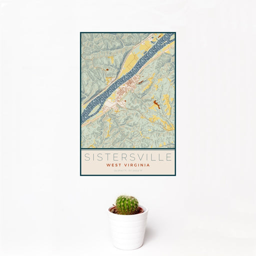 12x18 Sistersville West Virginia Map Print Portrait Orientation in Woodblock Style With Small Cactus Plant in White Planter