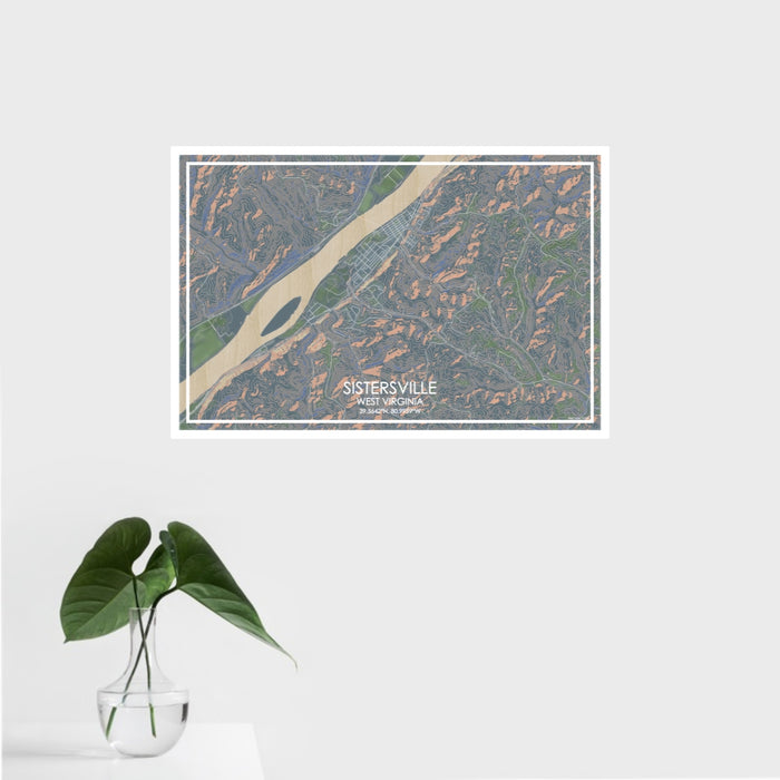 16x24 Sistersville West Virginia Map Print Landscape Orientation in Afternoon Style With Tropical Plant Leaves in Water