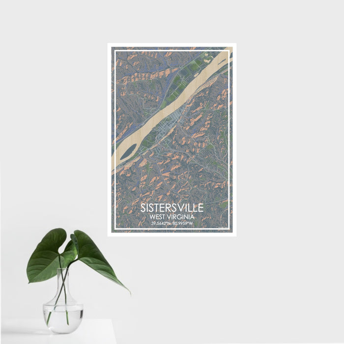 16x24 Sistersville West Virginia Map Print Portrait Orientation in Afternoon Style With Tropical Plant Leaves in Water