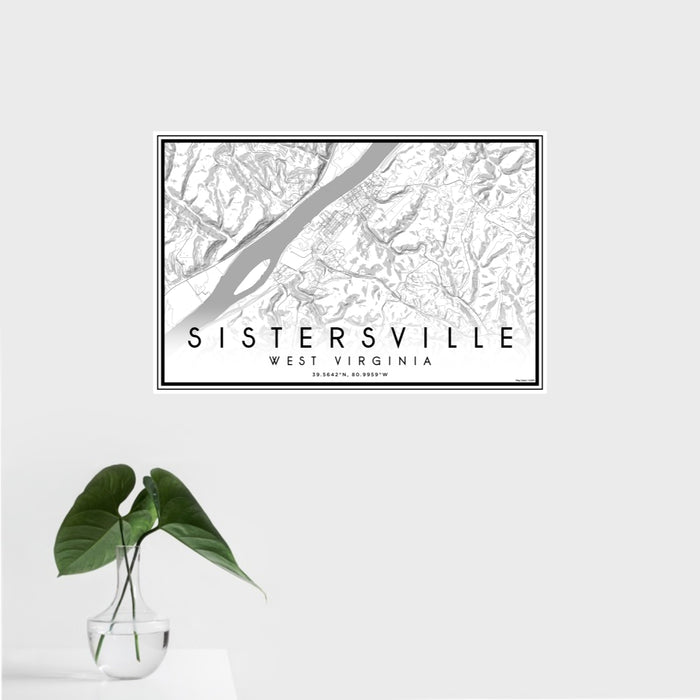 16x24 Sistersville West Virginia Map Print Landscape Orientation in Classic Style With Tropical Plant Leaves in Water