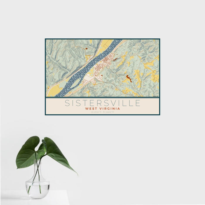 16x24 Sistersville West Virginia Map Print Landscape Orientation in Woodblock Style With Tropical Plant Leaves in Water