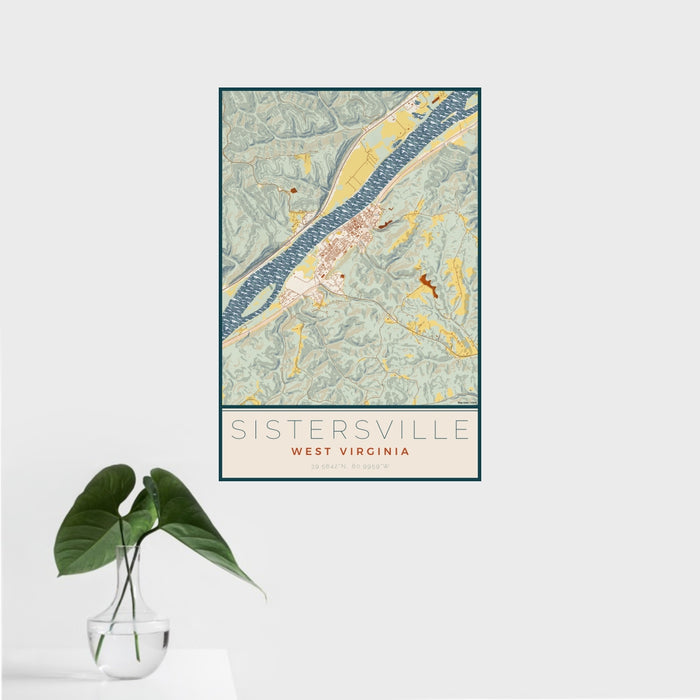 16x24 Sistersville West Virginia Map Print Portrait Orientation in Woodblock Style With Tropical Plant Leaves in Water