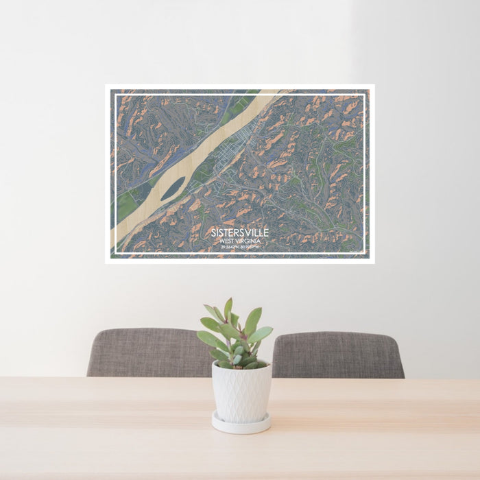 24x36 Sistersville West Virginia Map Print Lanscape Orientation in Afternoon Style Behind 2 Chairs Table and Potted Plant