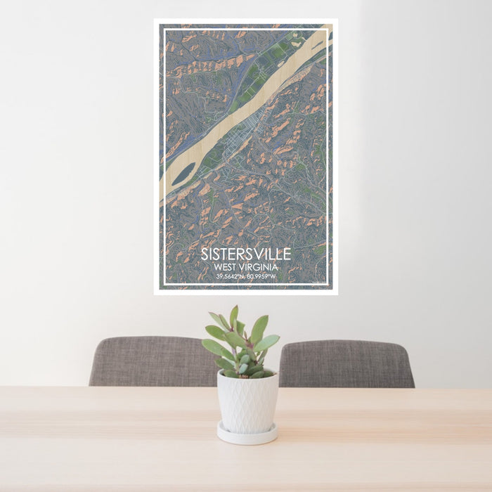 24x36 Sistersville West Virginia Map Print Portrait Orientation in Afternoon Style Behind 2 Chairs Table and Potted Plant