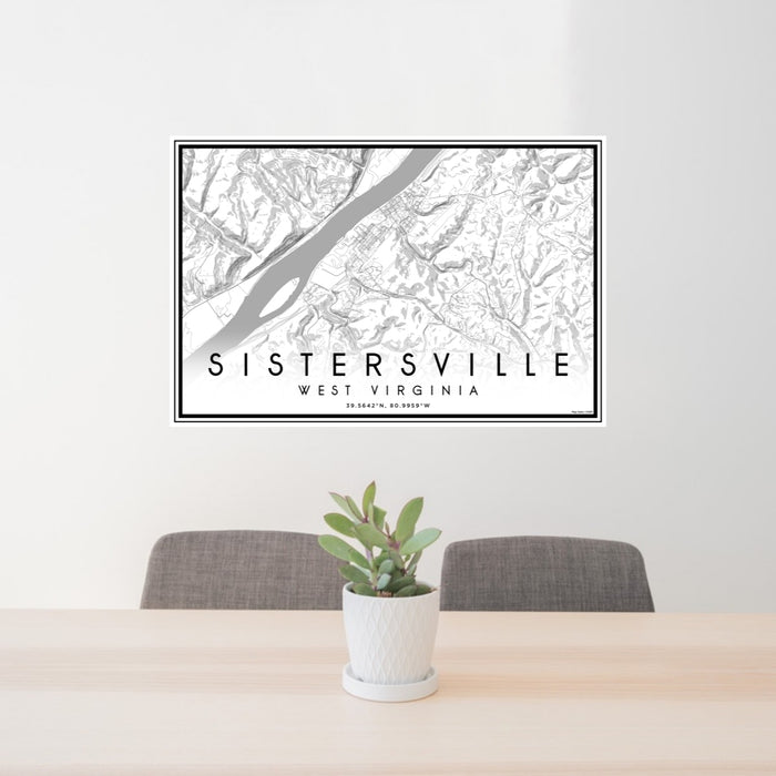 24x36 Sistersville West Virginia Map Print Lanscape Orientation in Classic Style Behind 2 Chairs Table and Potted Plant