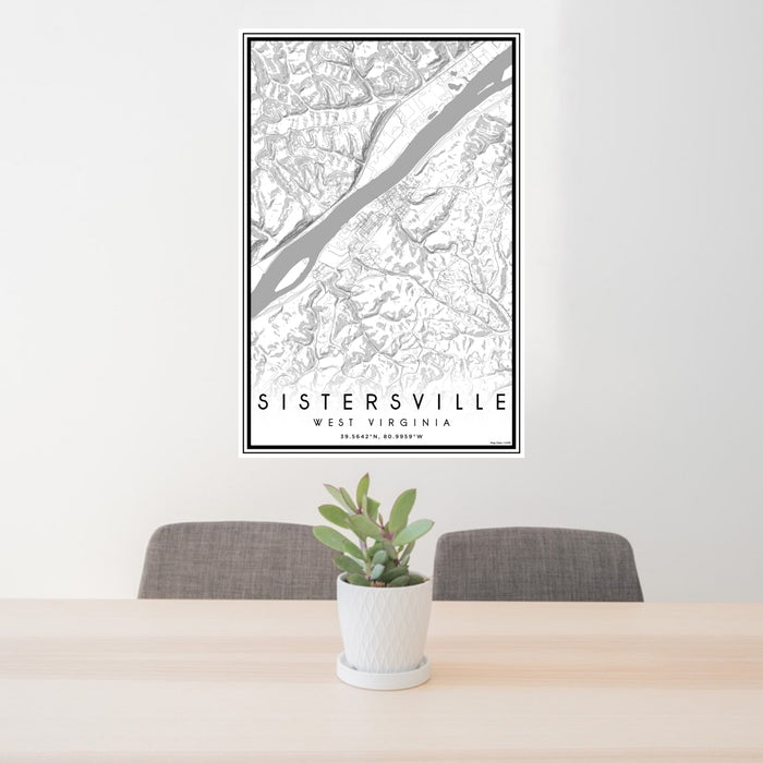 24x36 Sistersville West Virginia Map Print Portrait Orientation in Classic Style Behind 2 Chairs Table and Potted Plant