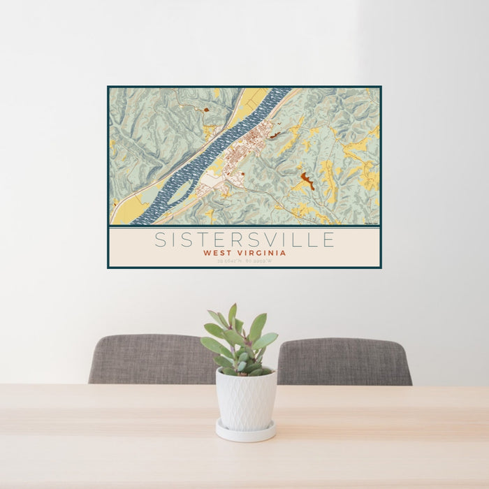 24x36 Sistersville West Virginia Map Print Lanscape Orientation in Woodblock Style Behind 2 Chairs Table and Potted Plant