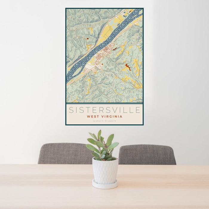 24x36 Sistersville West Virginia Map Print Portrait Orientation in Woodblock Style Behind 2 Chairs Table and Potted Plant