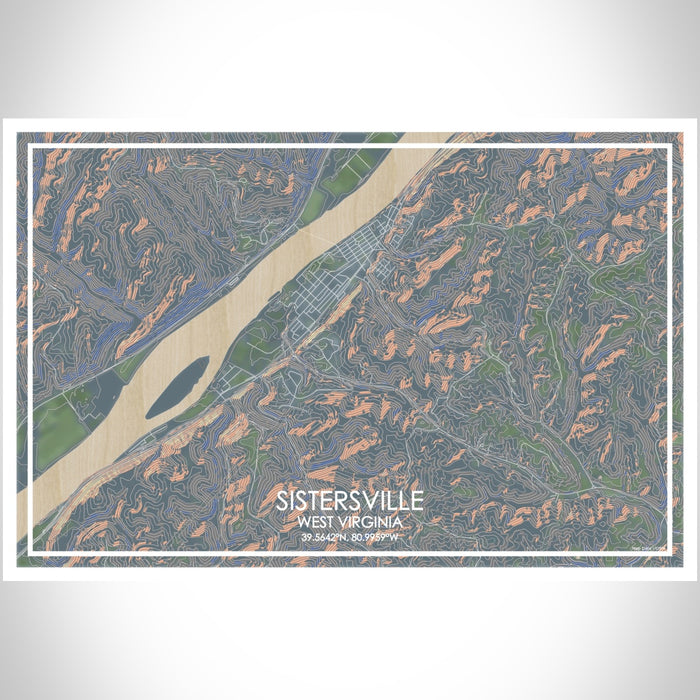 Sistersville West Virginia Map Print Landscape Orientation in Afternoon Style With Shaded Background